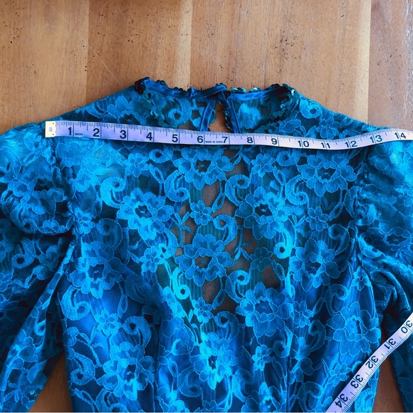 Vintage Blue Green Lace Gown Sequin Details Open Back Sweetheart Big Bow Teal - Picture 13 of 16